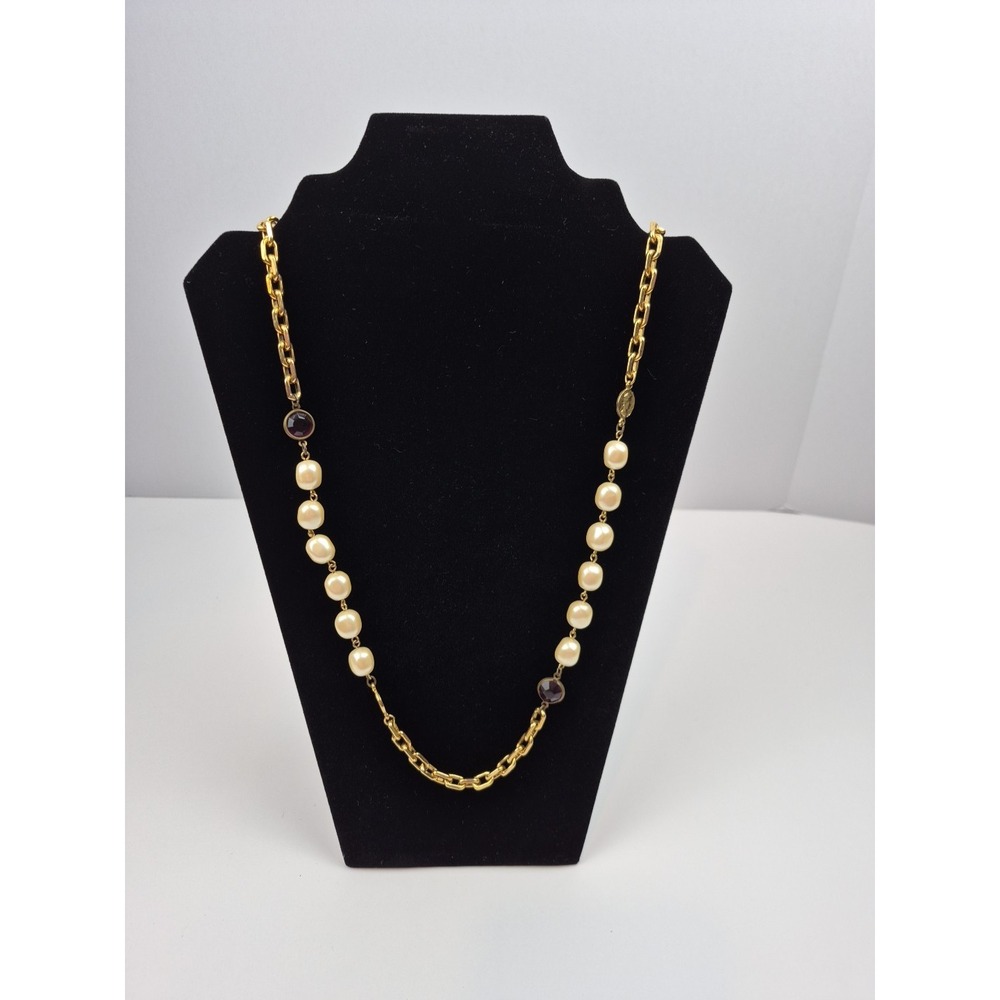 Vintage Chunky Faux Pearl Gold Tone Necklace 32" Byzantine Coin Amethyst Glass